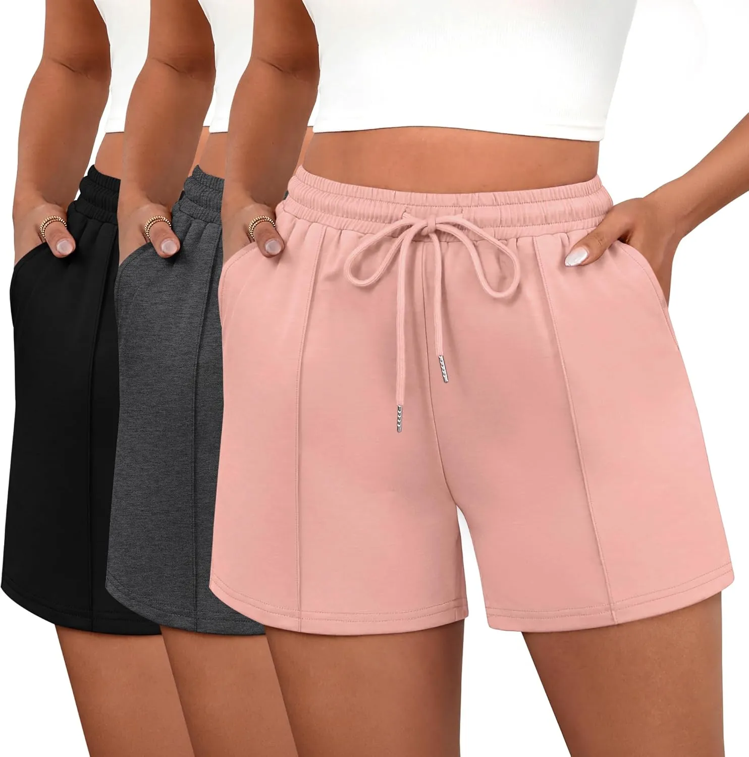 Neer 3 Pack Women's Sweat Shorts, Casual Drawstring Athletic Shorts Summer Lounge Loose Solid Active Short Pants with Pockets