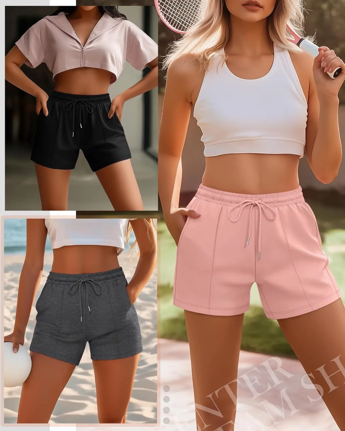Neer 3 Pack Women's Sweat Shorts, Casual Drawstring Athletic Shorts Summer Lounge Loose Solid Active Short Pants with Pockets