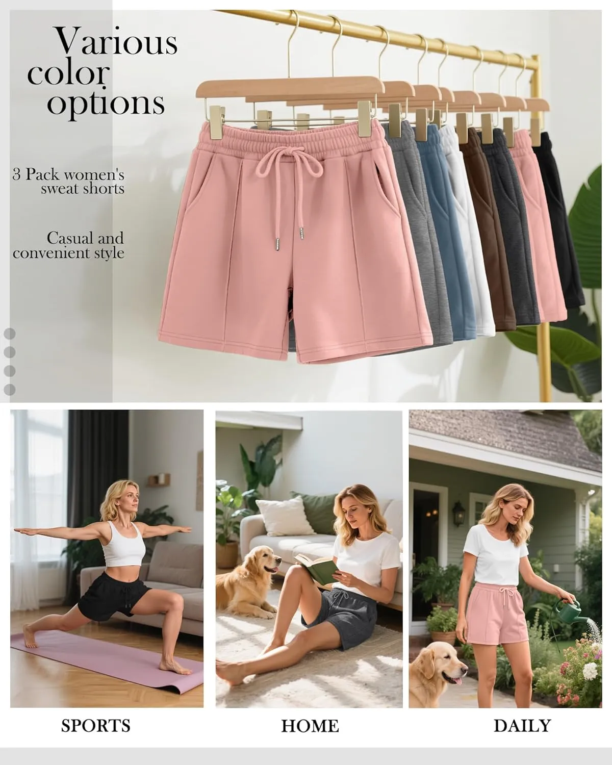 Neer 3 Pack Women's Sweat Shorts, Casual Drawstring Athletic Shorts Summer Lounge Loose Solid Active Short Pants with Pockets