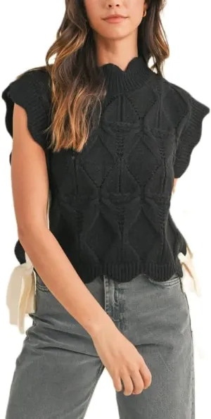 NUFIWI Womens Y2K Ribbon Bow Sweater Vest Chunky Cap Sleeve Knit Vest with Bows Casual Lace Up Bandage Crochet Knit Tank