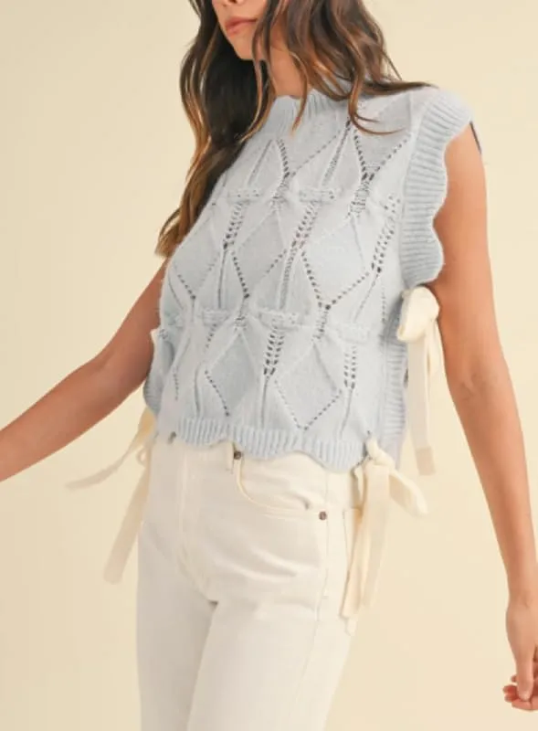 NUFIWI Womens Y2K Ribbon Bow Sweater Vest Chunky Cap Sleeve Knit Vest with Bows Casual Lace Up Bandage Crochet Knit Tank