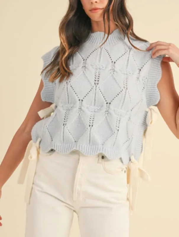 NUFIWI Womens Y2K Ribbon Bow Sweater Vest Chunky Cap Sleeve Knit Vest with Bows Casual Lace Up Bandage Crochet Knit Tank