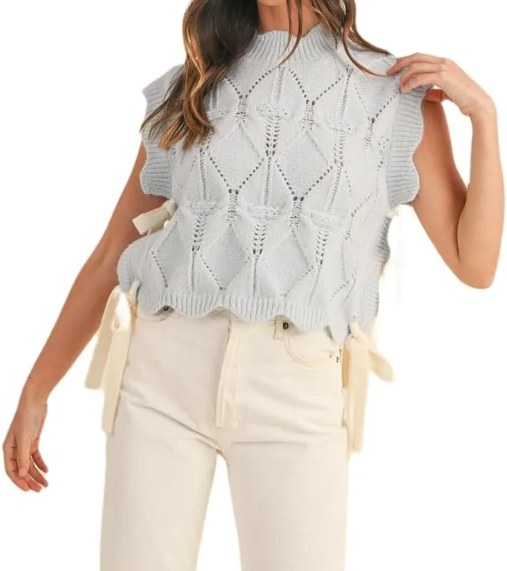 NUFIWI Womens Y2K Ribbon Bow Sweater Vest Chunky Cap Sleeve Knit Vest with Bows Casual Lace Up Bandage Crochet Knit Tank