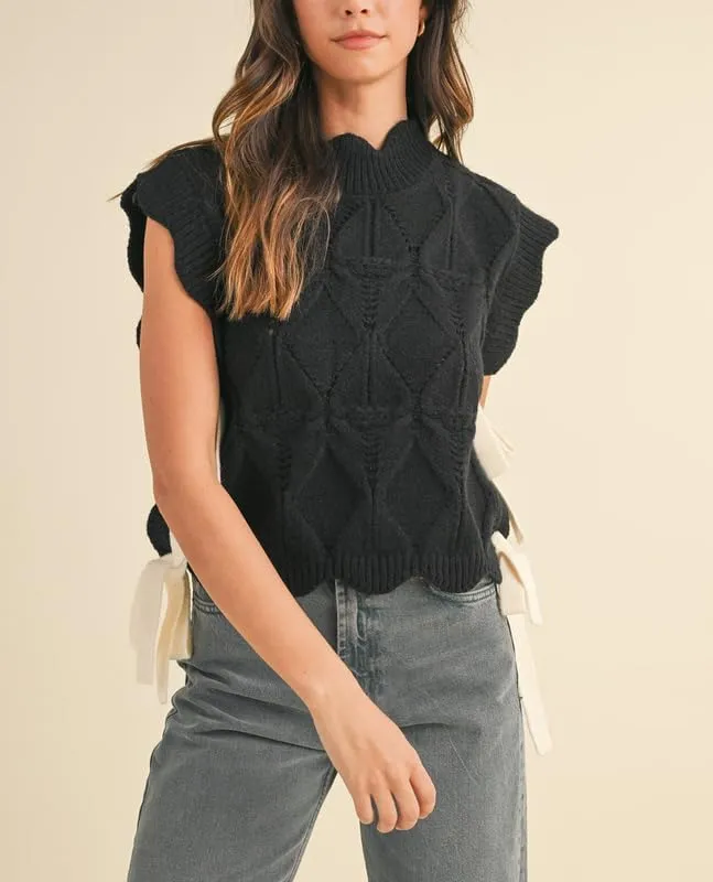 NUFIWI Womens Y2K Ribbon Bow Sweater Vest Chunky Cap Sleeve Knit Vest with Bows Casual Lace Up Bandage Crochet Knit Tank