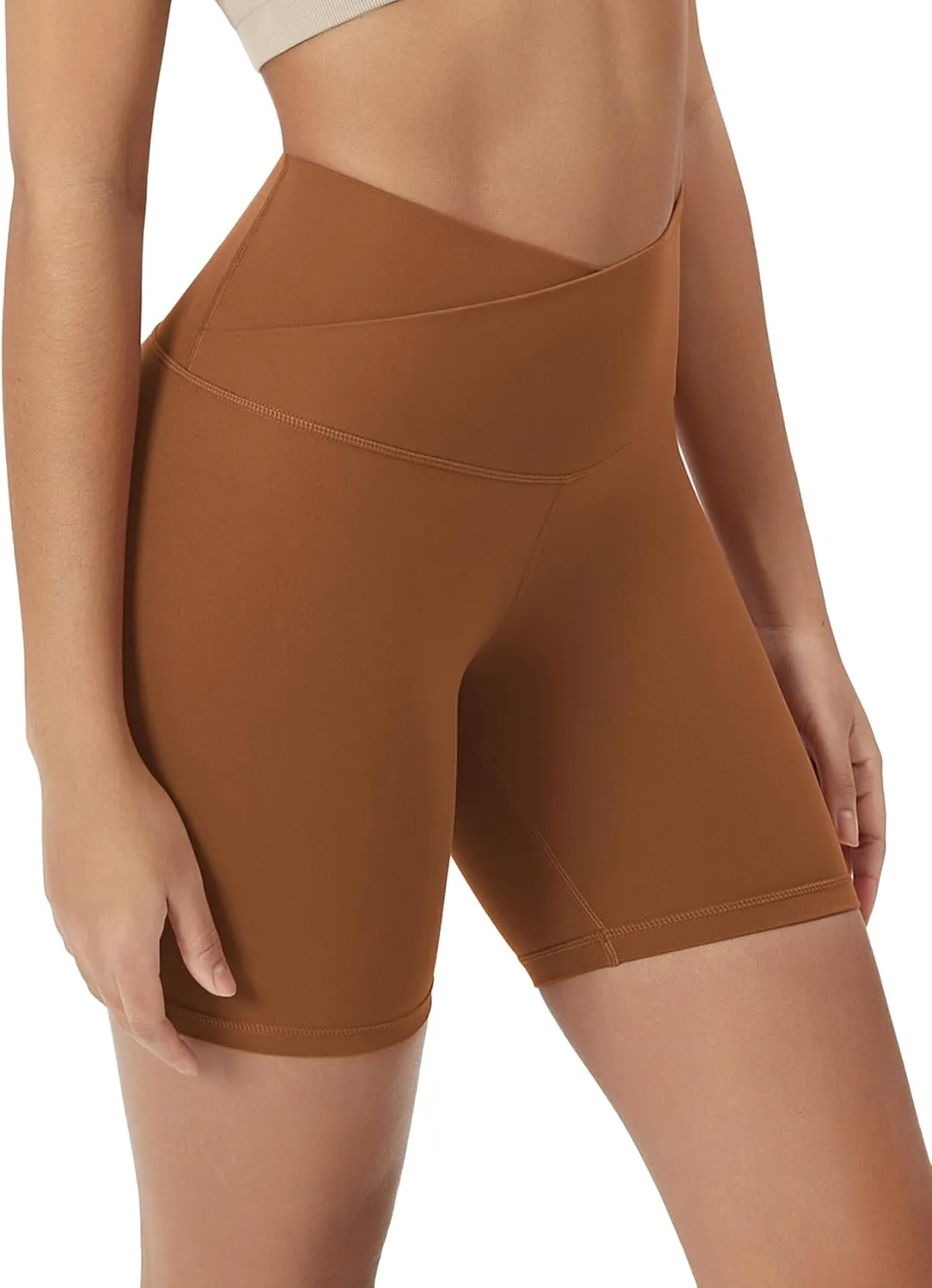 ODODOS Cloud Feeling Crossover Yoga Shorts with Back Pocket for Women, 6" / 8 V High Wasit Lounge Biker Shorts