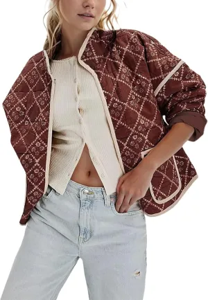 Omoone Women's Cropped Quilted Jacket Floral Printed LightWeight Padded Puffer Cardigan Coat Outwear