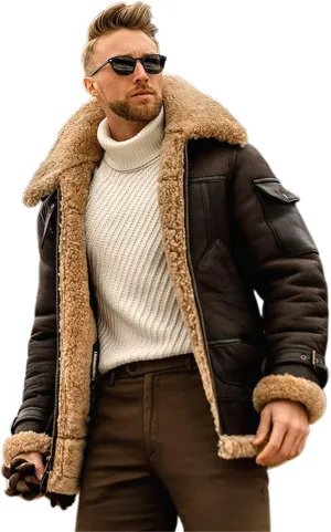 Owl's-Yard Men's Fleece Jacket Winter Turn Down Fur Collar Thick Thermal Coat Windbreaker Leather Motorcycle Bomber Jacket