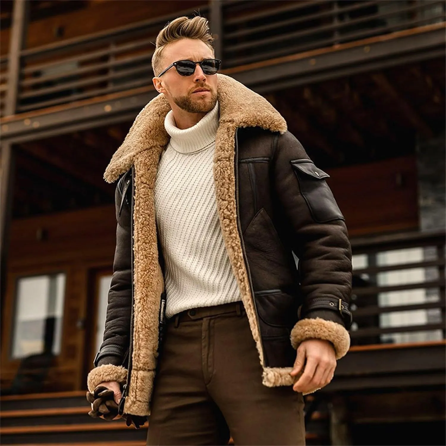 Owl's-Yard Men's Fleece Jacket Winter Turn Down Fur Collar Thick Thermal Coat Windbreaker Leather Motorcycle Bomber Jacket