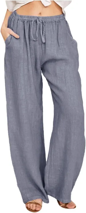 Pants for Women, Linen Pants Wide Leg Straight Drawstring High Waisted Palazzo