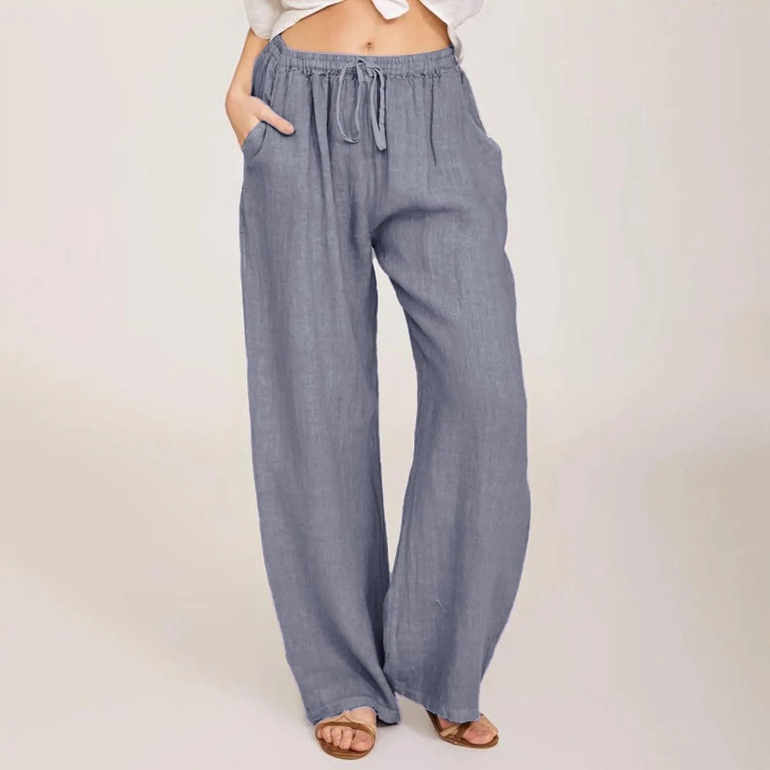Pants for Women, Linen Pants Wide Leg Straight Drawstring High Waisted Palazzo