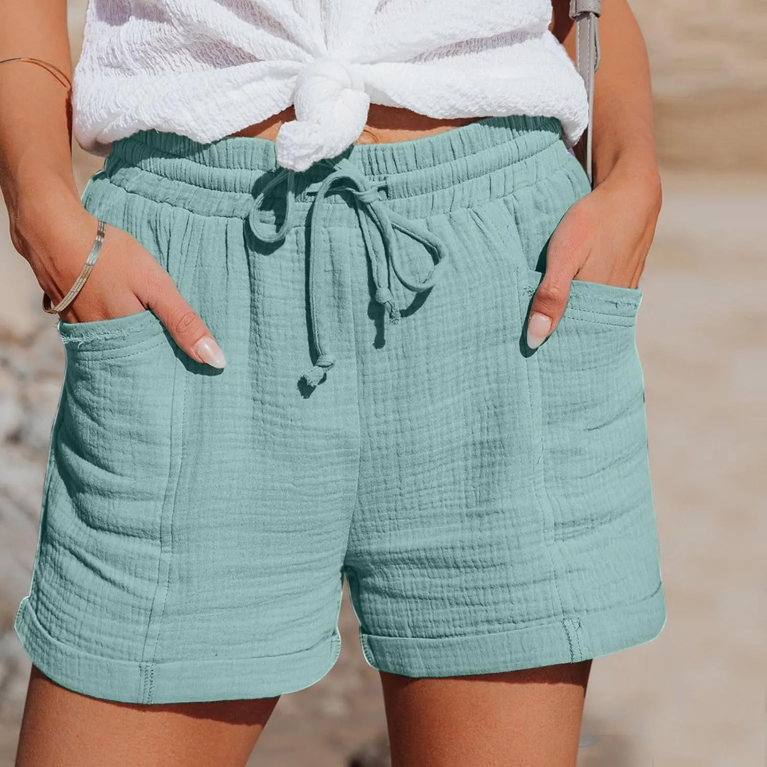 Pants for Women Lounge Elastic Waist Solid Color Pants Fashion Loose Drawstring Wide Leg Shorts with Pockets