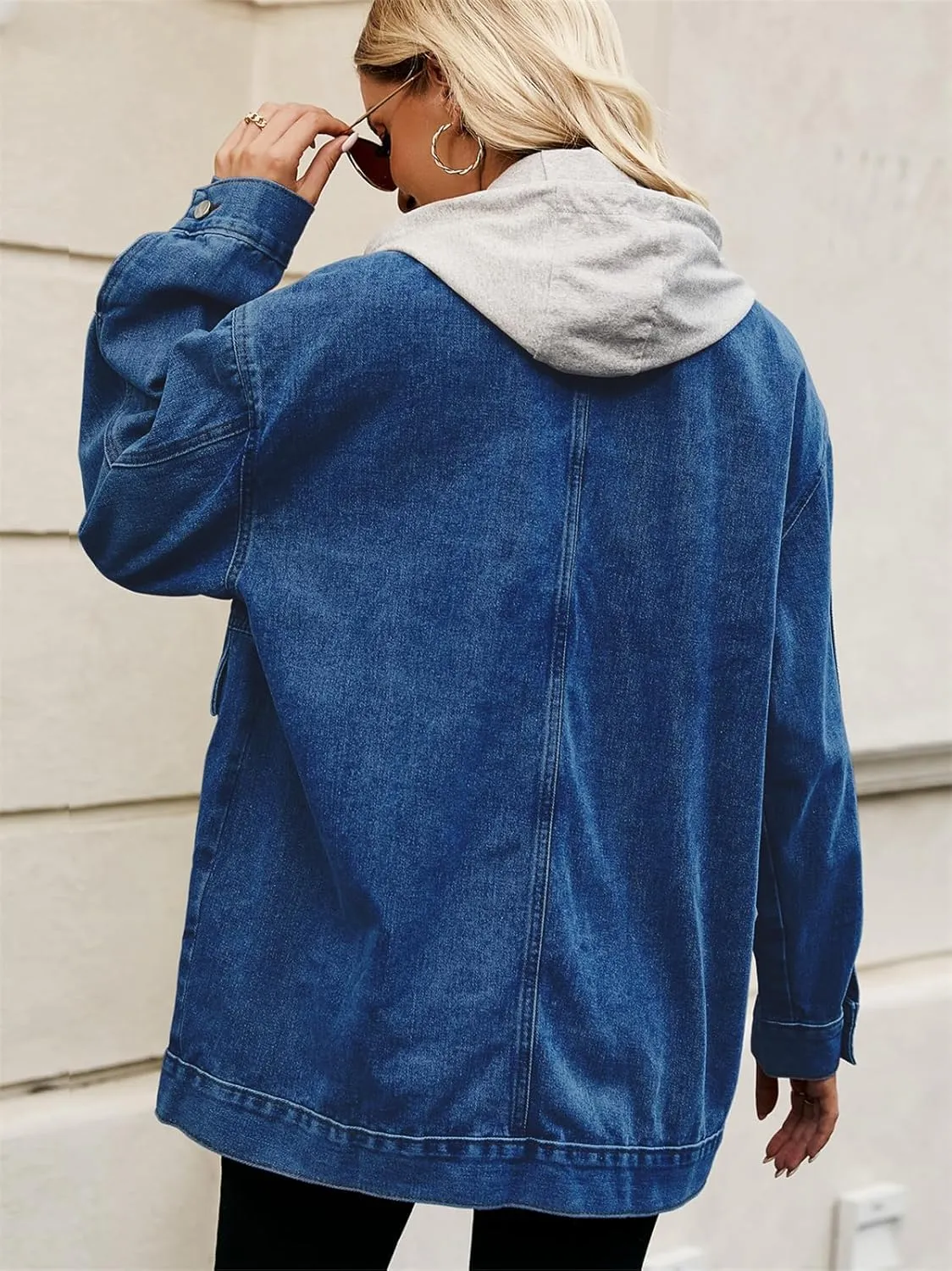 PAODIKUAI Women's Oversized Denim Jacket Casual Long Sleeve Vintage Jean Jacket Top Coat with Detachable Hood