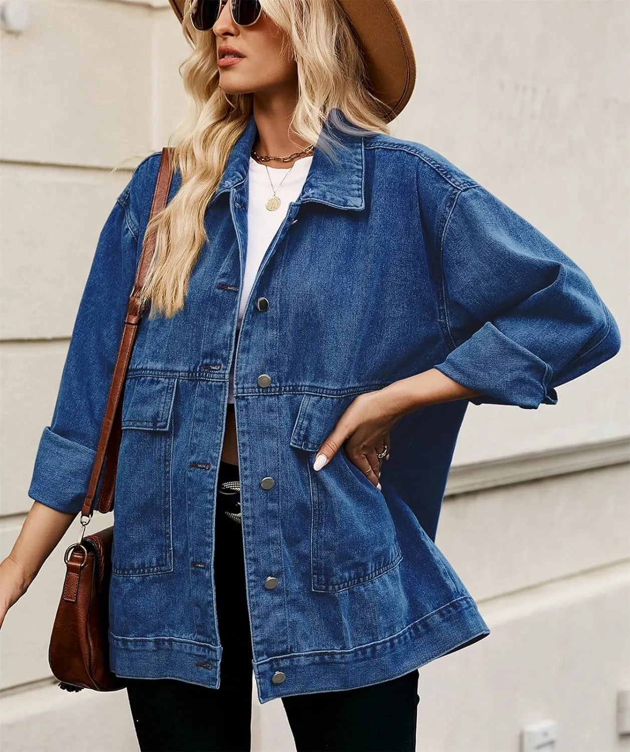 PAODIKUAI Women's Oversized Denim Jacket Casual Long Sleeve Vintage Jean Jacket Top Coat with Detachable Hood