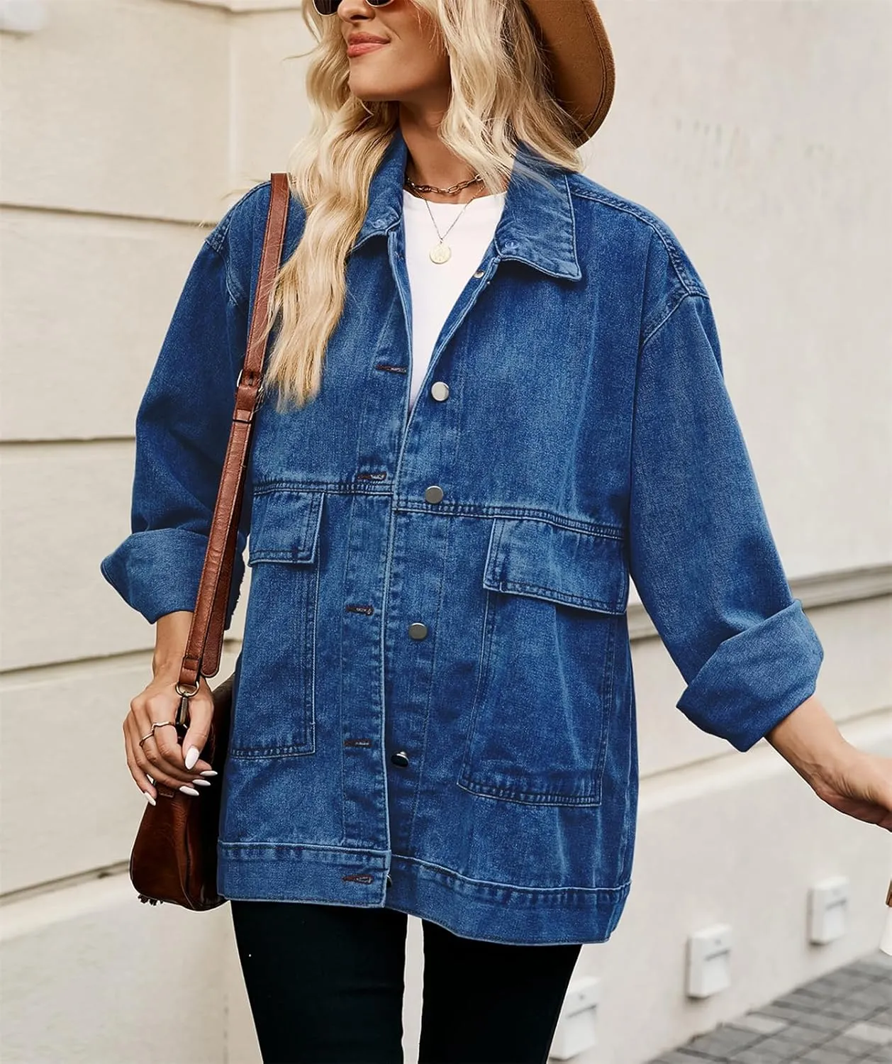 PAODIKUAI Women's Oversized Denim Jacket Casual Long Sleeve Vintage Jean Jacket Top Coat with Detachable Hood