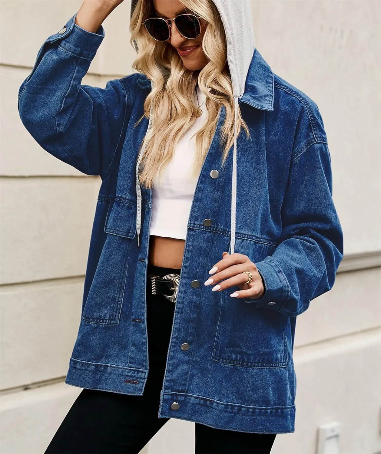 PAODIKUAI Women's Oversized Denim Jacket Casual Long Sleeve Vintage Jean Jacket Top Coat with Detachable Hood