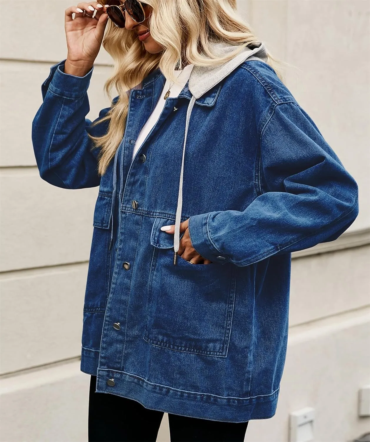 PAODIKUAI Women's Oversized Denim Jacket Casual Long Sleeve Vintage Jean Jacket Top Coat with Detachable Hood