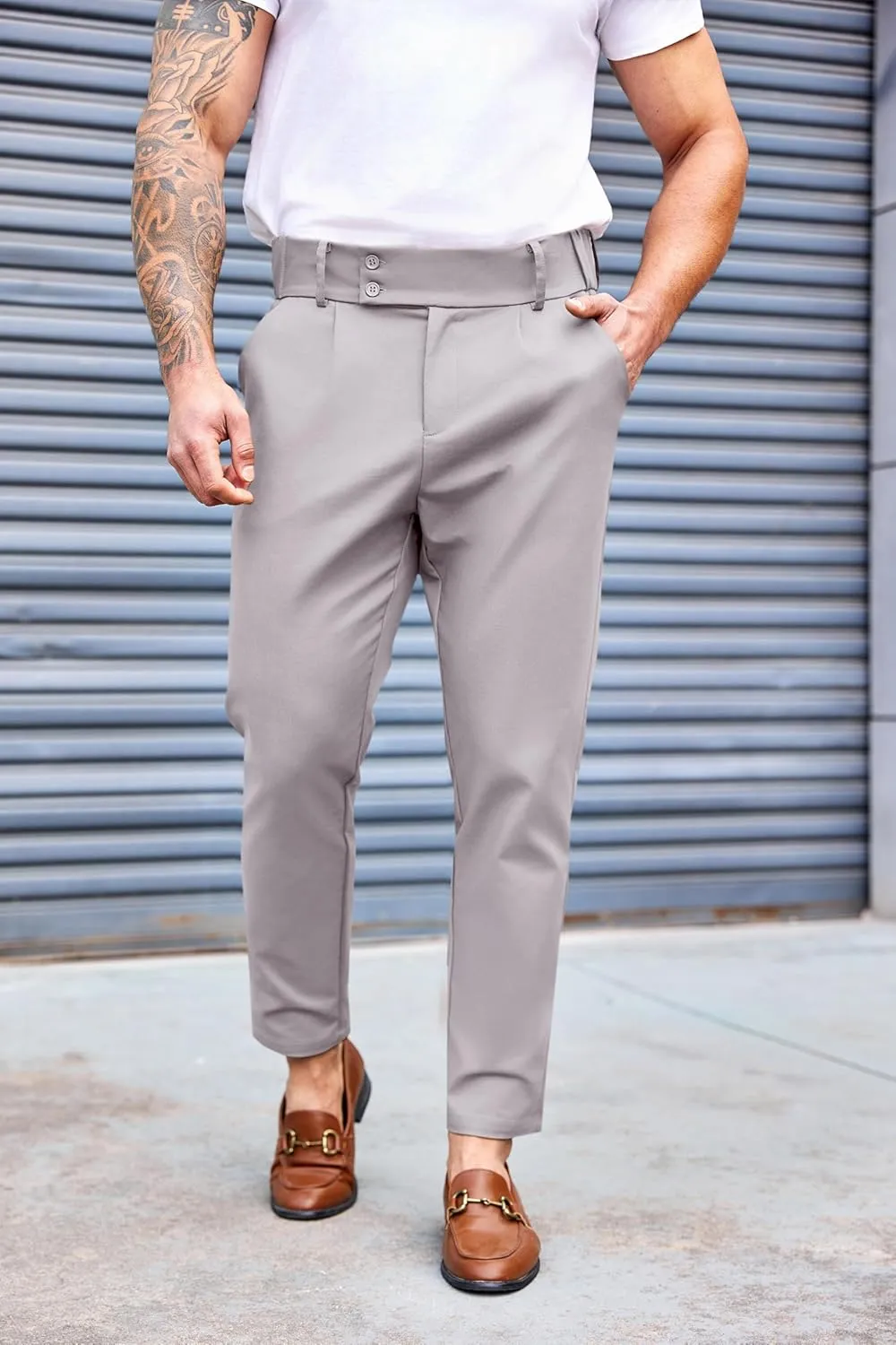 PASLTER Mens Chino Pants Slim Fit Flat Front Stretch Skinny Tapered Dress Pants Casual Trousers