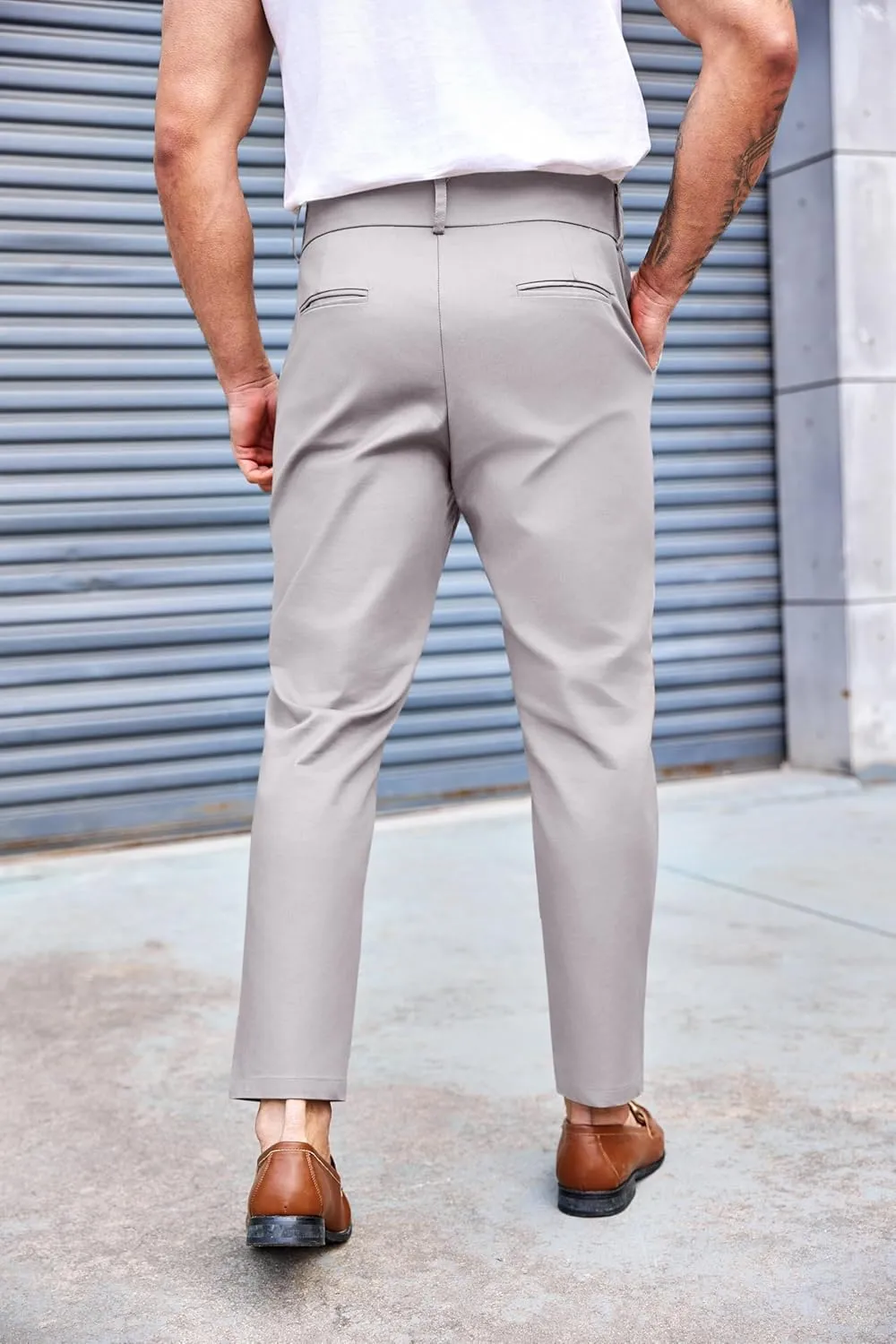 PASLTER Mens Chino Pants Slim Fit Flat Front Stretch Skinny Tapered Dress Pants Casual Trousers