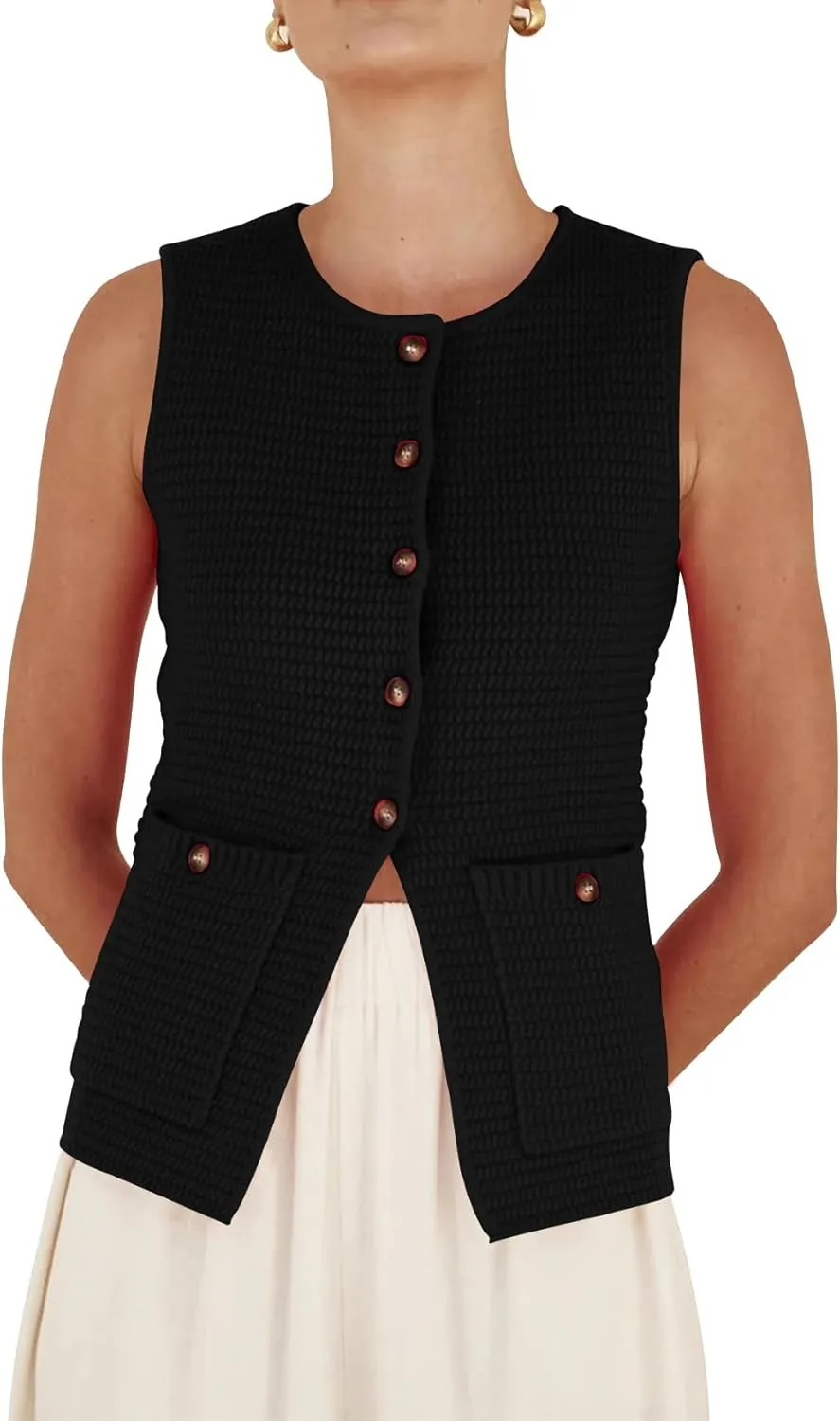 PEHMEA Women's Sweater Vest Sleeveless Button Down Spring Summer Tank Tops Trendy Cardigan Sweater Vests with Pockets
