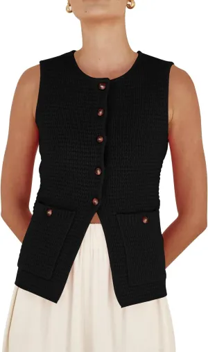 PEHMEA Women's Sweater Vest Sleeveless Button Down Spring Summer Tank Tops Trendy Cardigan Sweater Vests with Pockets