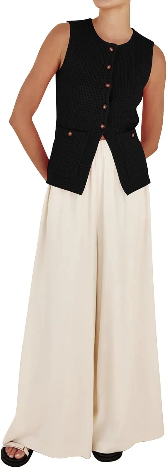 PEHMEA Women's Sweater Vest Sleeveless Button Down Spring Summer Tank Tops Trendy Cardigan Sweater Vests with Pockets