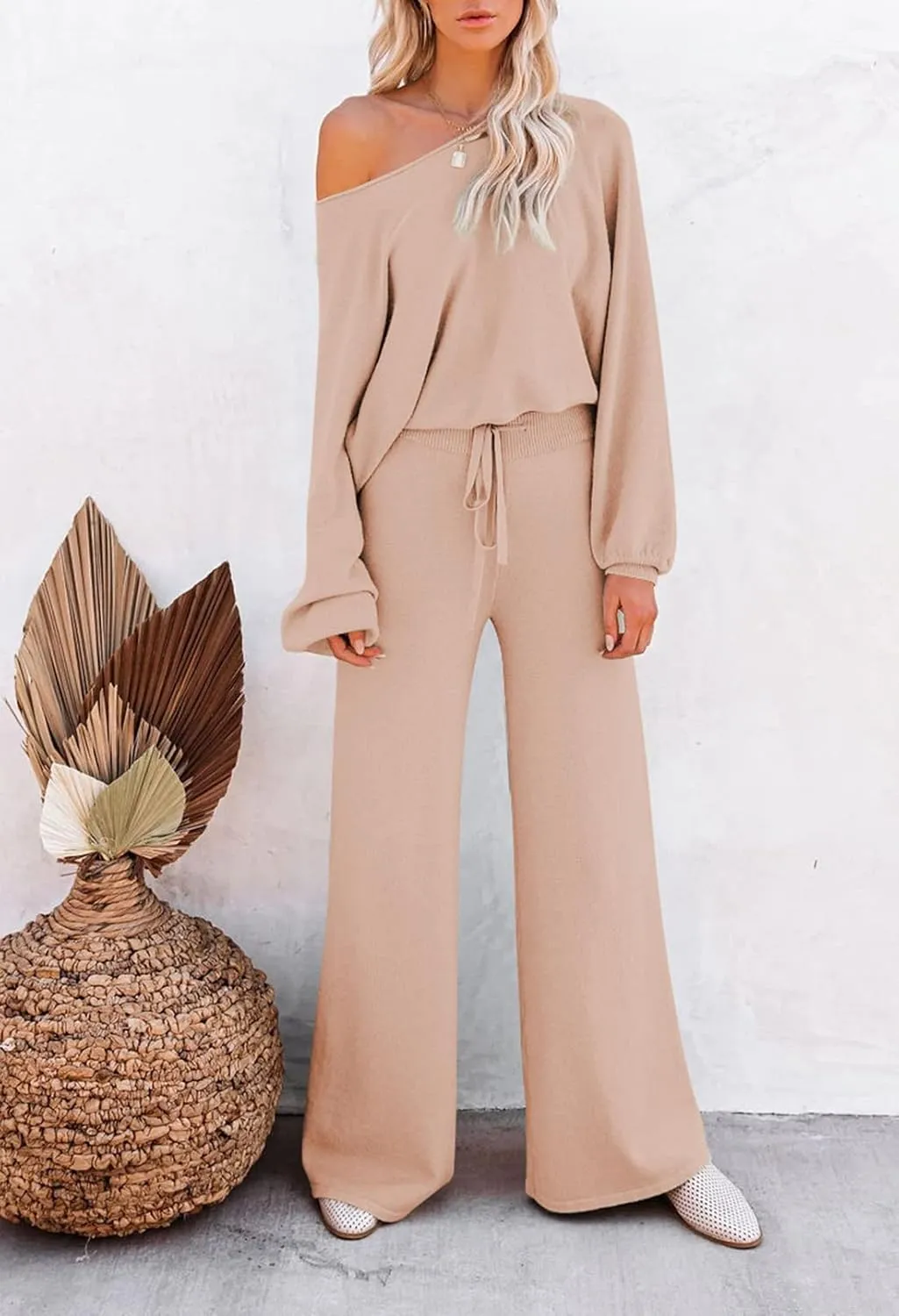 Pink Queen Women's 2 Piece Outfit Sweater Set Long Sleeve Crop Knit Top and Wide Leg Long Pants Sweatsuit