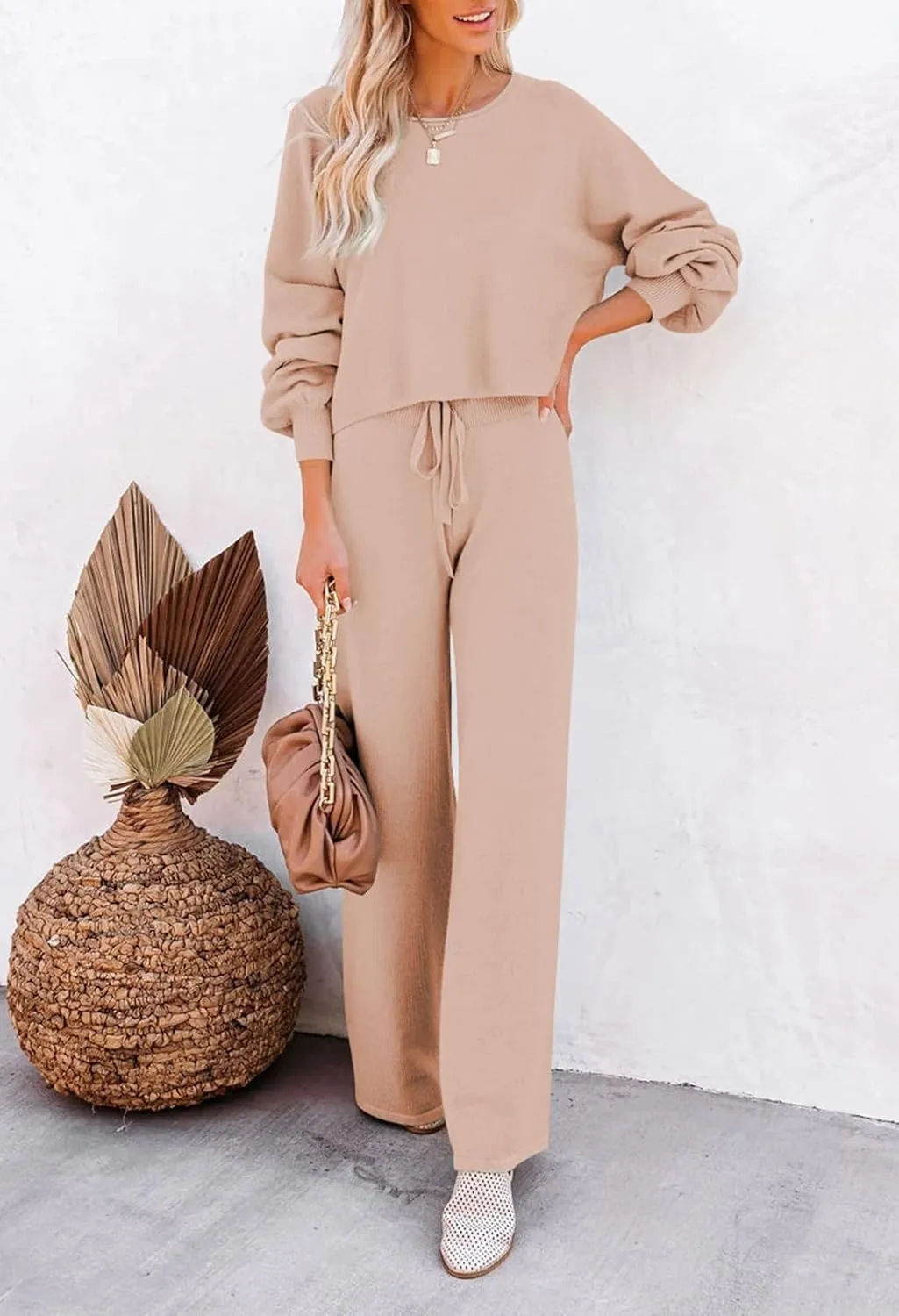 Pink Queen Women's 2 Piece Outfit Sweater Set Long Sleeve Crop Knit Top and Wide Leg Long Pants Sweatsuit