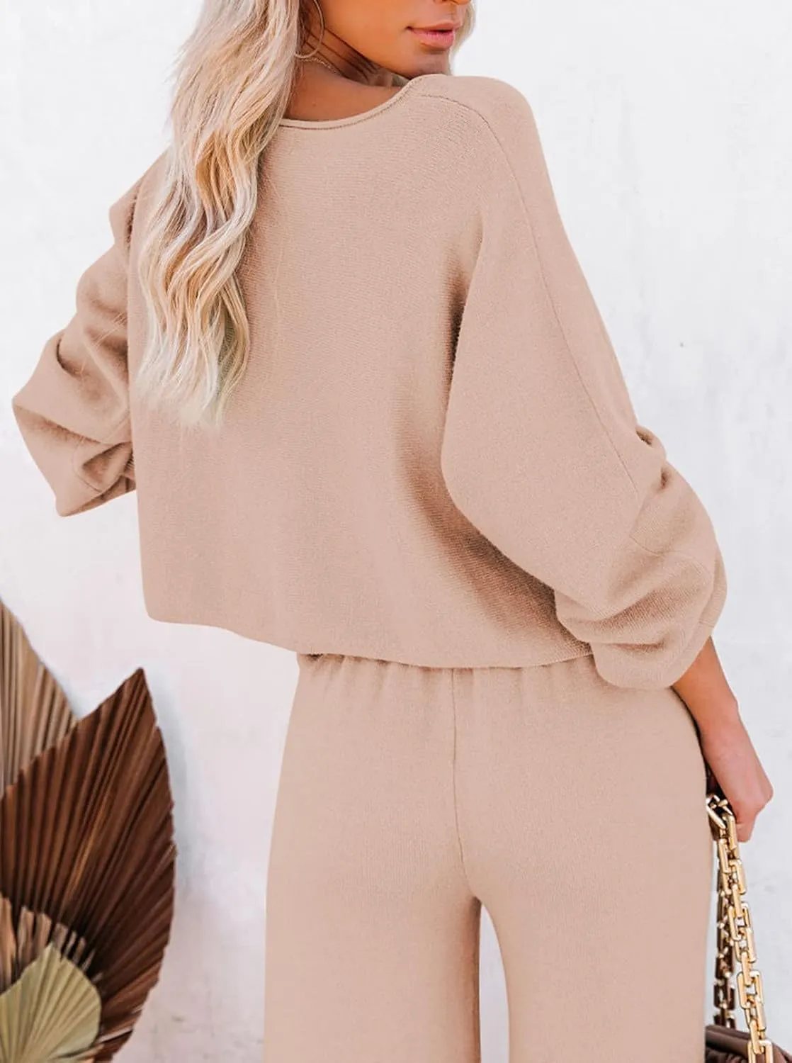 Pink Queen Women's 2 Piece Outfit Sweater Set Long Sleeve Crop Knit Top and Wide Leg Long Pants Sweatsuit