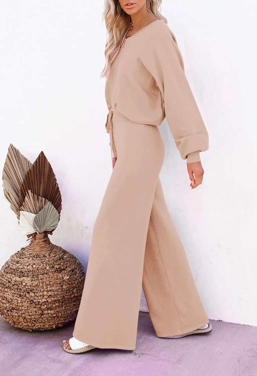 Pink Queen Women's 2 Piece Outfit Sweater Set Long Sleeve Crop Knit Top and Wide Leg Long Pants Sweatsuit