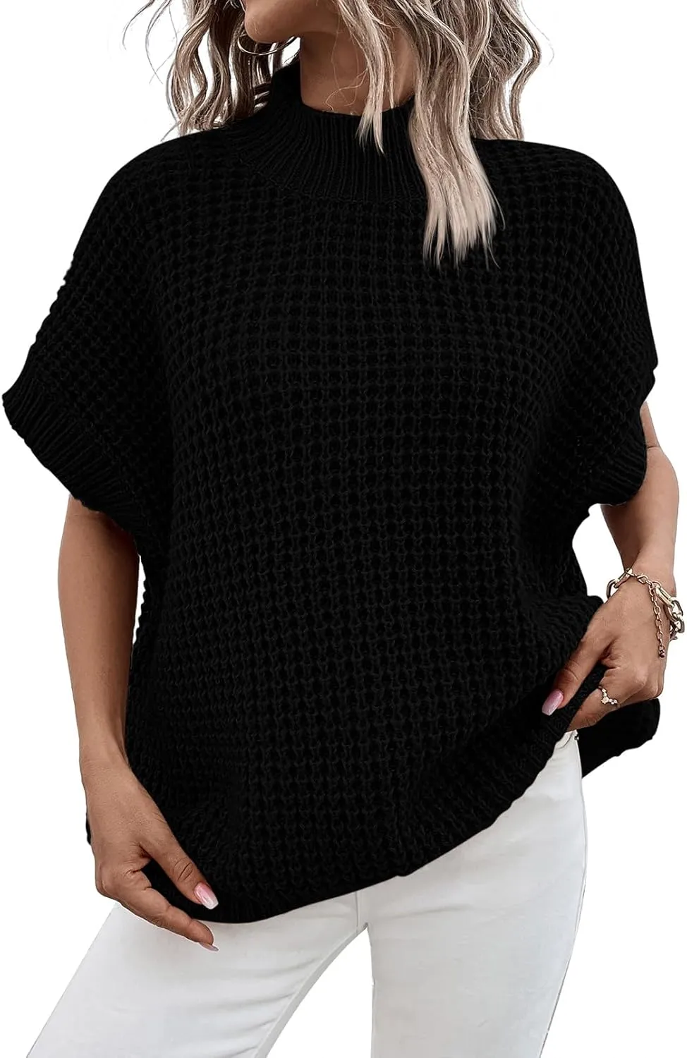 Pink Queen Women's Mock Neck Batwing Short Sleeve Loose Oversized Knit Pullover Sweater Jumper Tops