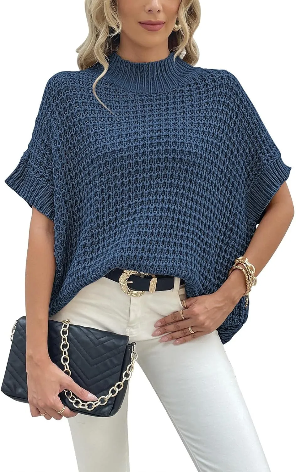 Pink Queen Women's Mock Neck Batwing Short Sleeve Loose Oversized Knit Pullover Sweater Jumper Tops