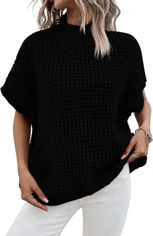 Pink Queen Women's Mock Neck Batwing Short Sleeve Loose Oversized Knit Pullover Sweater Jumper Tops