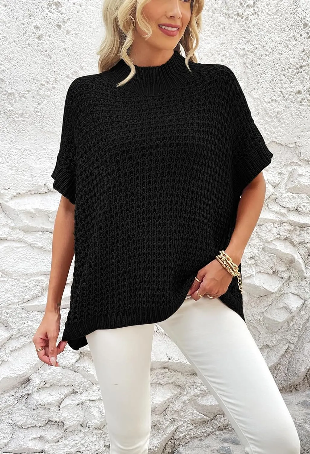 Pink Queen Women's Mock Neck Batwing Short Sleeve Loose Oversized Knit Pullover Sweater Jumper Tops