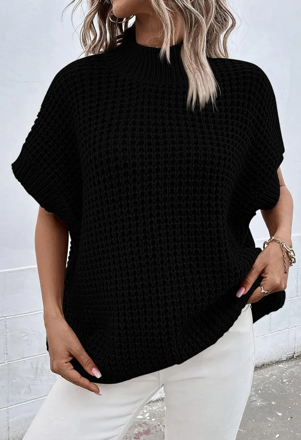 Pink Queen Women's Mock Neck Batwing Short Sleeve Loose Oversized Knit Pullover Sweater Jumper Tops