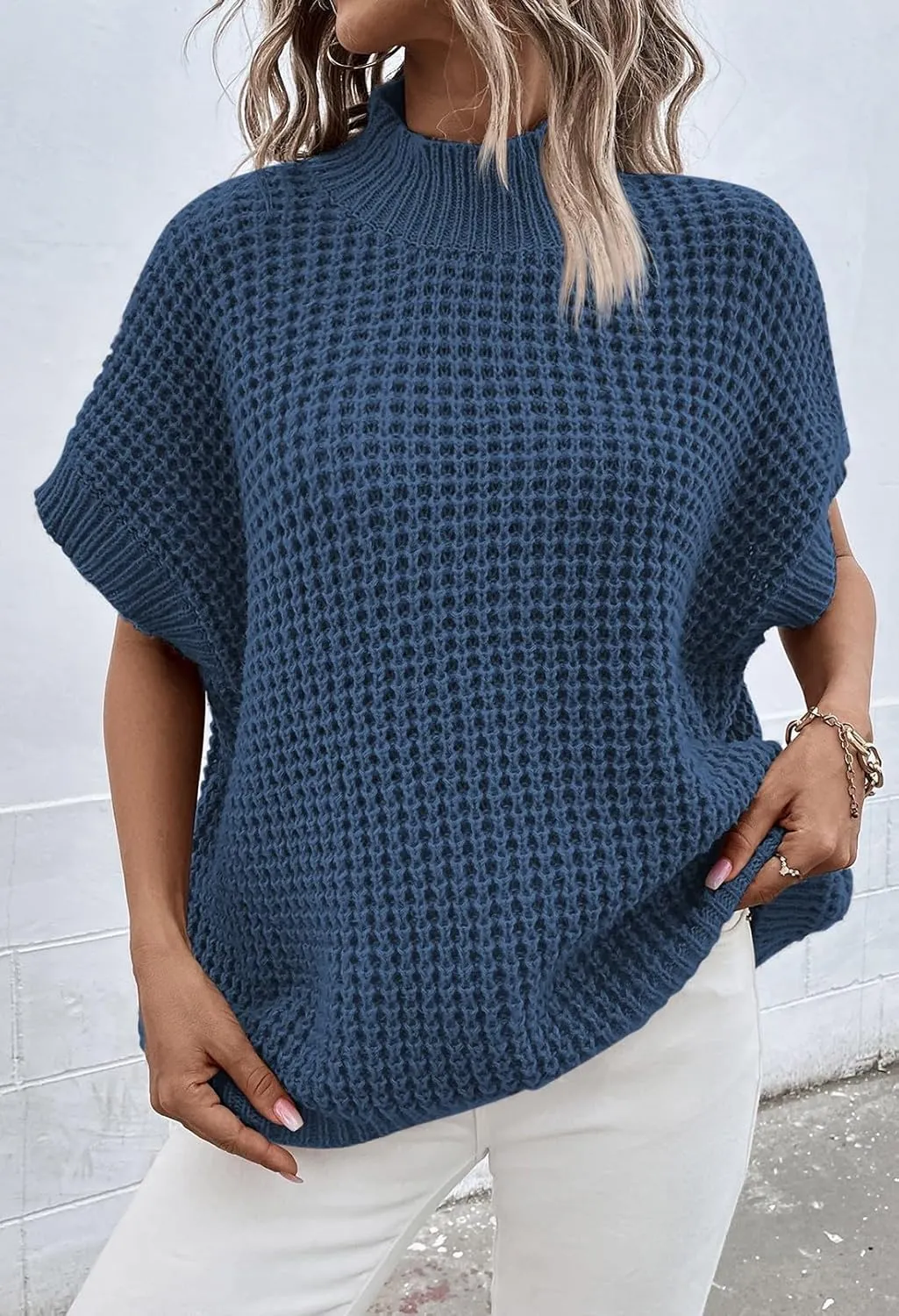 Pink Queen Women's Mock Neck Batwing Short Sleeve Loose Oversized Knit Pullover Sweater Jumper Tops