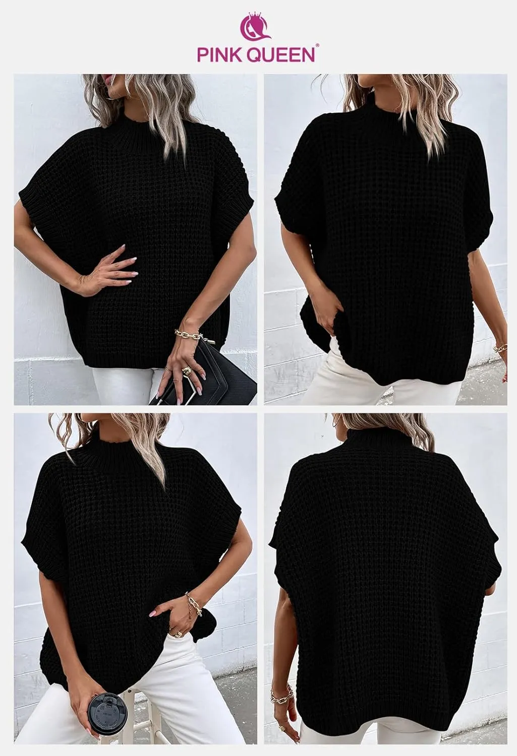 Pink Queen Women's Mock Neck Batwing Short Sleeve Loose Oversized Knit Pullover Sweater Jumper Tops