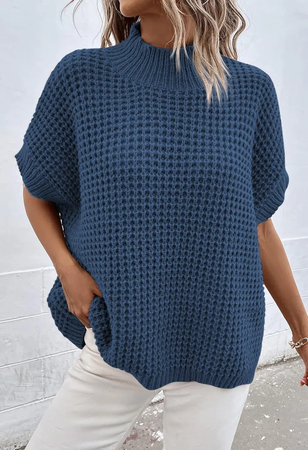 Pink Queen Women's Mock Neck Batwing Short Sleeve Loose Oversized Knit Pullover Sweater Jumper Tops