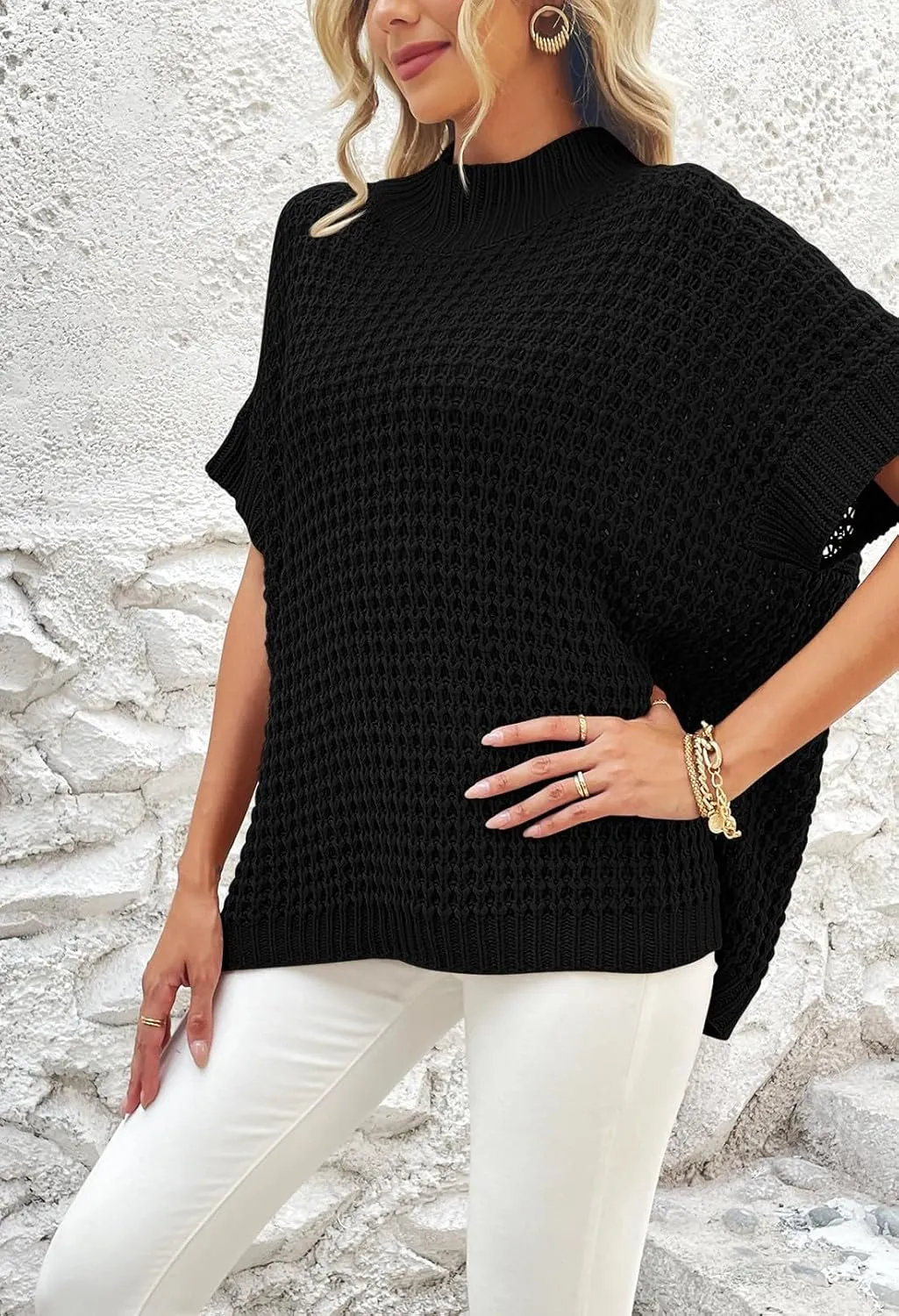 Pink Queen Women's Mock Neck Batwing Short Sleeve Loose Oversized Knit Pullover Sweater Jumper Tops