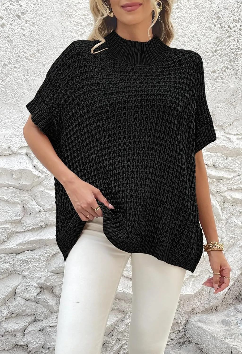 Pink Queen Women's Mock Neck Batwing Short Sleeve Loose Oversized Knit Pullover Sweater Jumper Tops