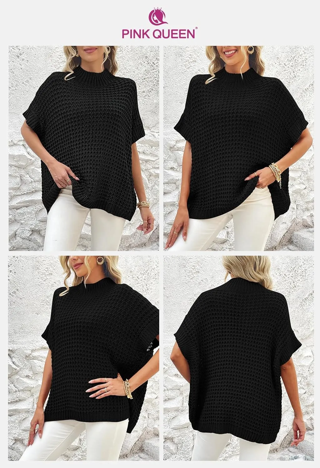 Pink Queen Women's Mock Neck Batwing Short Sleeve Loose Oversized Knit Pullover Sweater Jumper Tops
