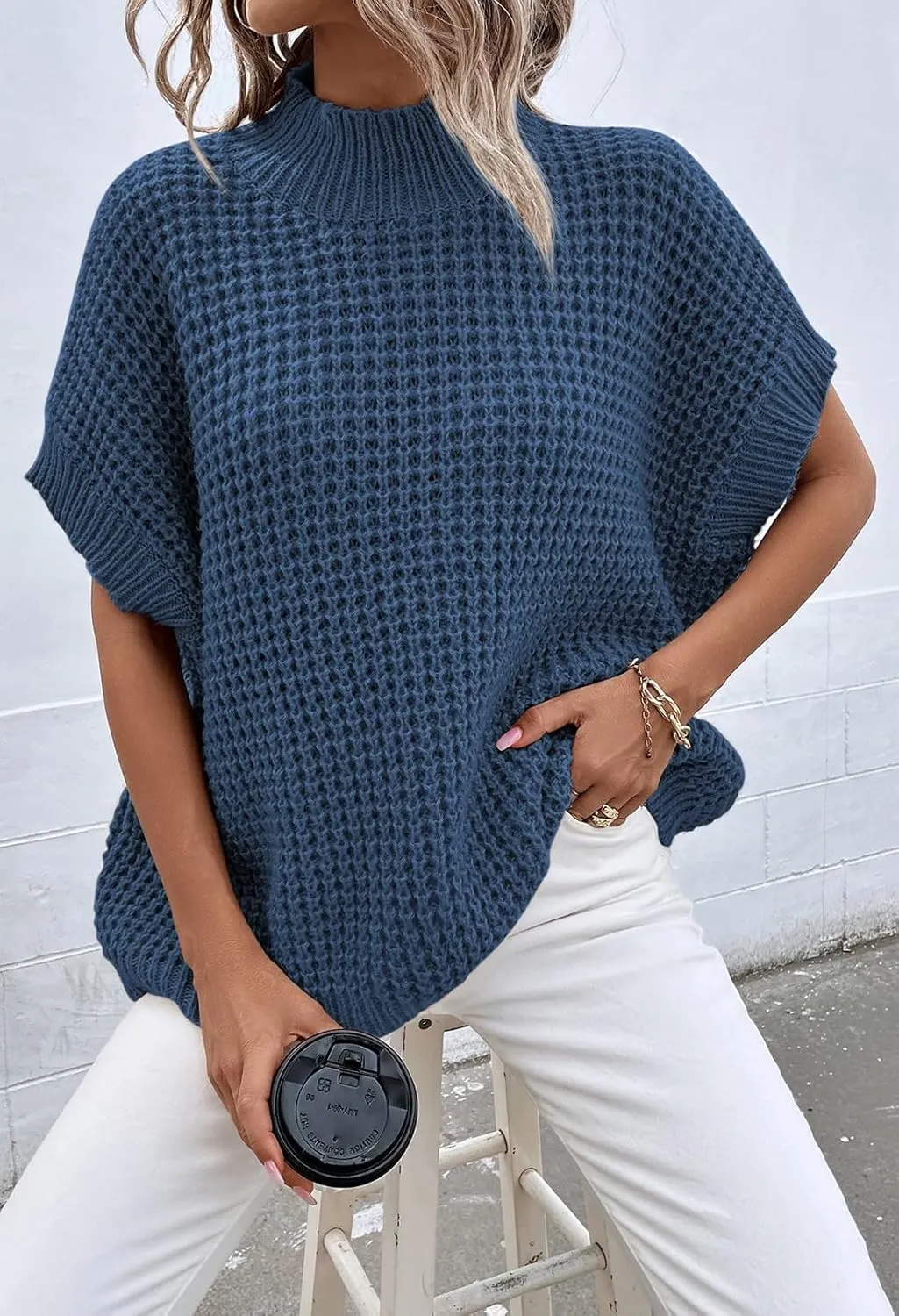 Pink Queen Women's Mock Neck Batwing Short Sleeve Loose Oversized Knit Pullover Sweater Jumper Tops