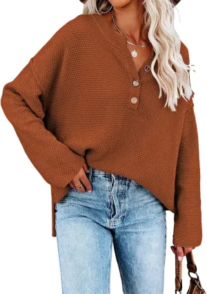Pink Queen Women's V Neck Button Sweater Oversized Batwing Long Sleeve Henley Pullover Knit Jumper Top
