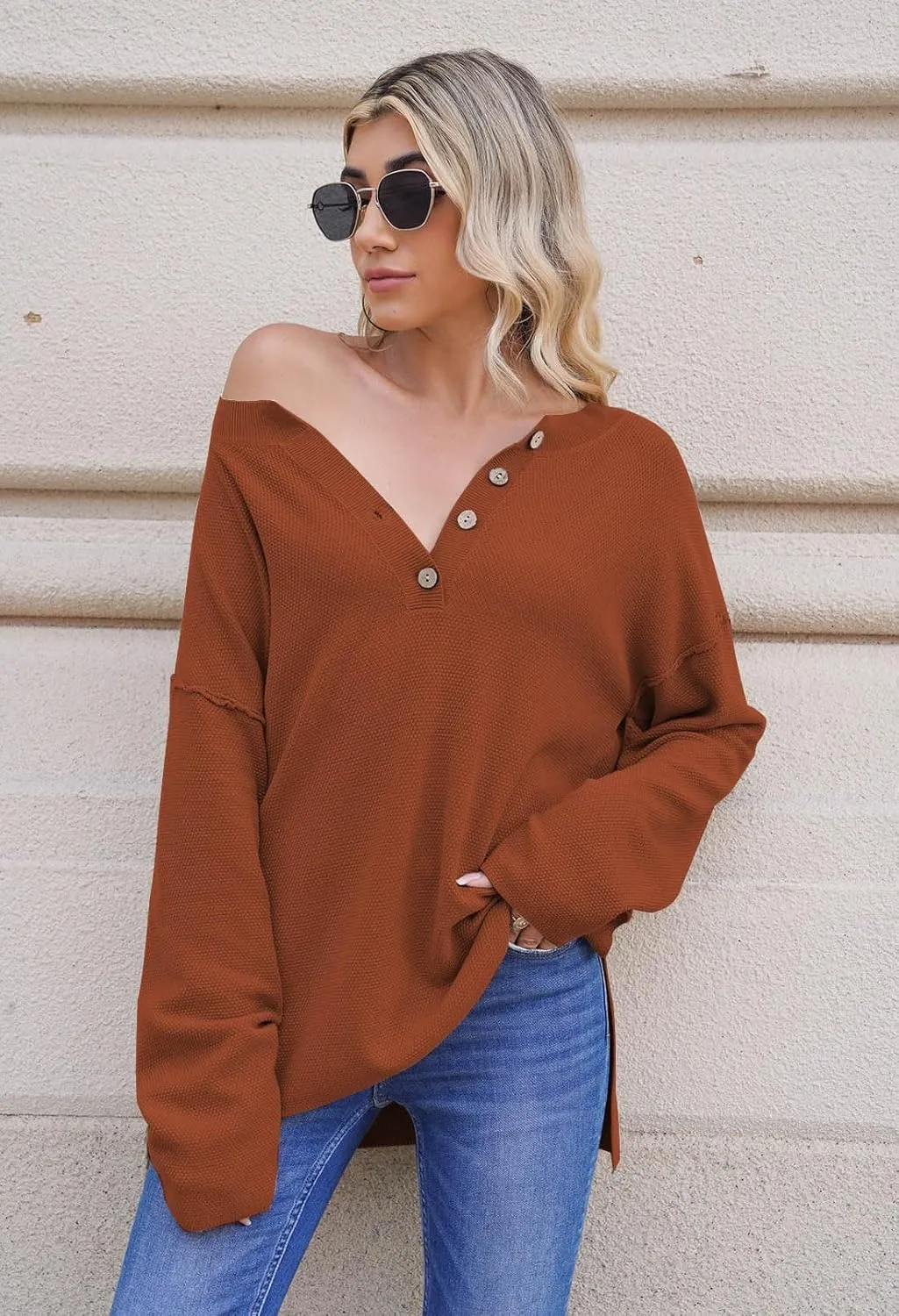 Pink Queen Women's V Neck Button Sweater Oversized Batwing Long Sleeve Henley Pullover Knit Jumper Top
