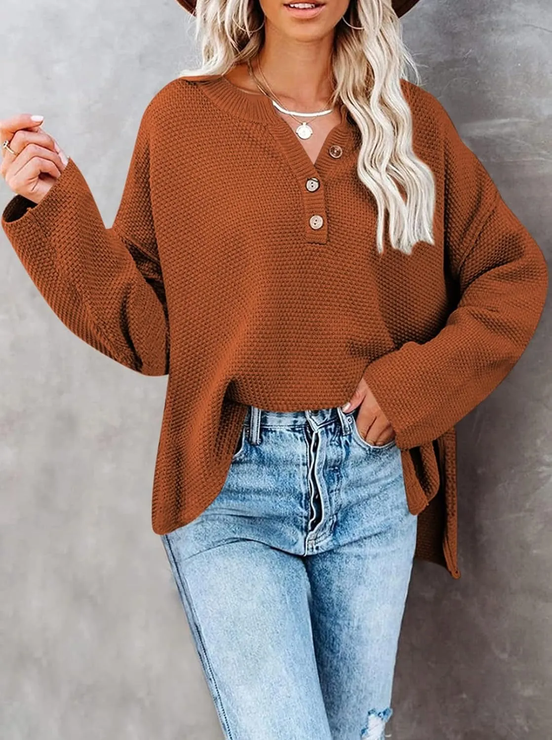Pink Queen Women's V Neck Button Sweater Oversized Batwing Long Sleeve Henley Pullover Knit Jumper Top
