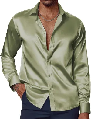 PJ PAUL JONES Men's Shiny Satin Dress Shirts Long Sleeve Button Down Silk Shirt with Bow Tie