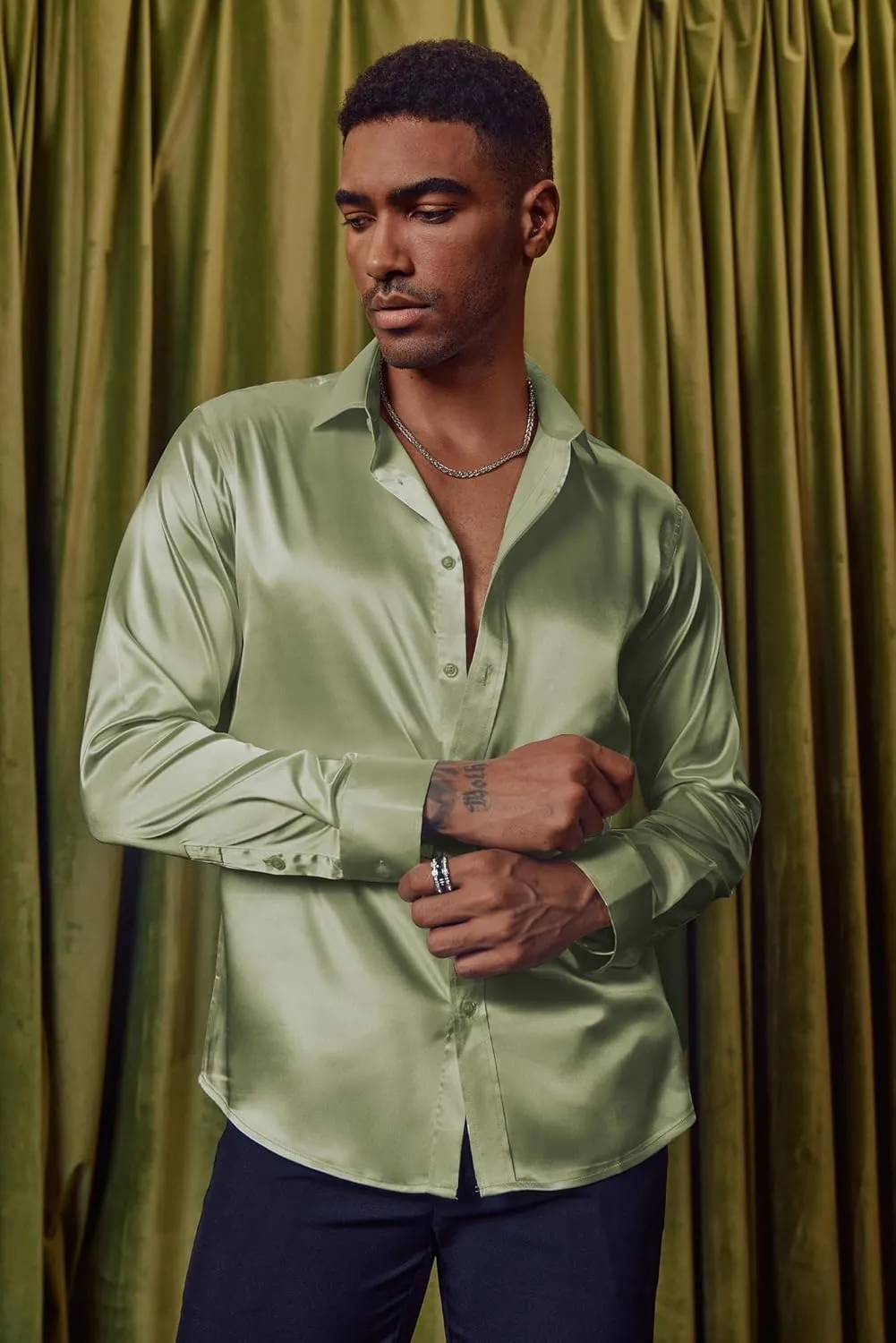PJ PAUL JONES Men's Shiny Satin Dress Shirts Long Sleeve Button Down Silk Shirt with Bow Tie