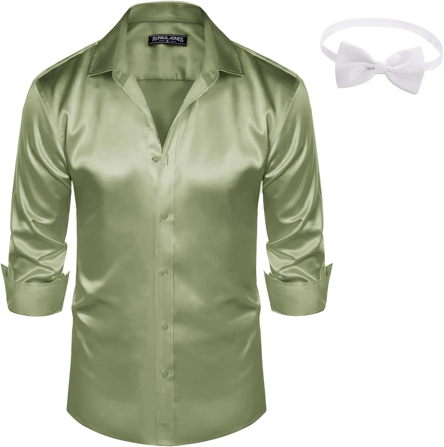 PJ PAUL JONES Men's Shiny Satin Dress Shirts Long Sleeve Button Down Silk Shirt with Bow Tie
