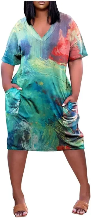 Plus Size Dress Womens 2024 Plus Size Loose Knee Trendy V-Neck Ladies Pocket Breathable Daily Dress