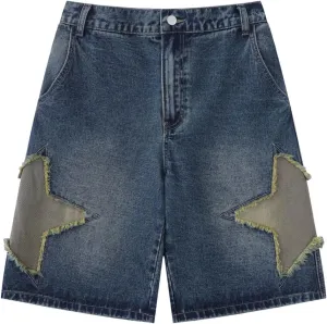 POHADON Y2K Blue Denim Shorts Summer Casual Loose Straight Leg Unisex Baggy Jeans Shorts Jorts Grunge Harajuku Streetwear