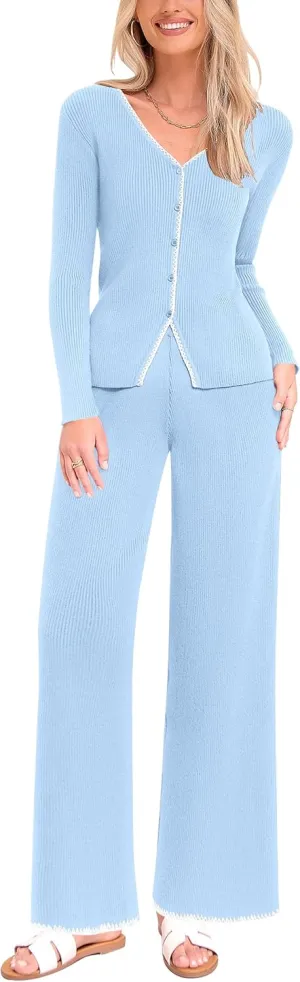 PRETTYGARDEN Women's 2 Piece Outfits 2024 Winter Knit Lounge Sets Long Sleeve Buttons Sweater Tops Wide Leg Pants Tracksuits